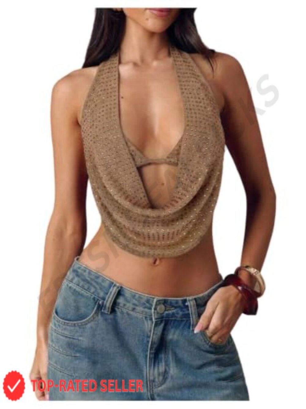 Rhinestone Halter Top Y2K Party Festival Draped Tie Backless
